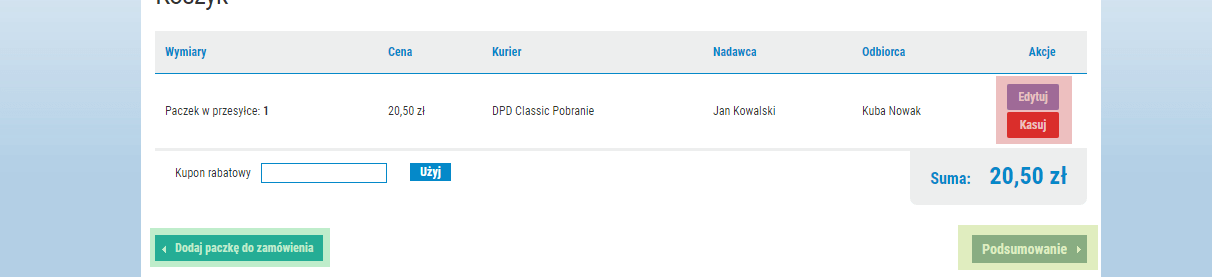 zamawianie kuriera online koszyk