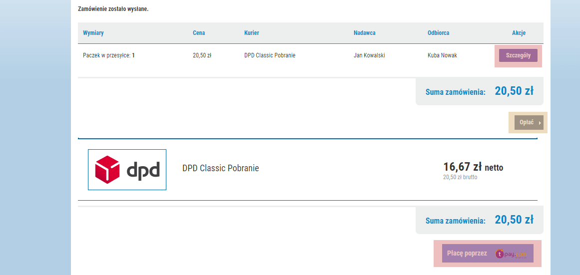 zamawianie kuriera płatność
