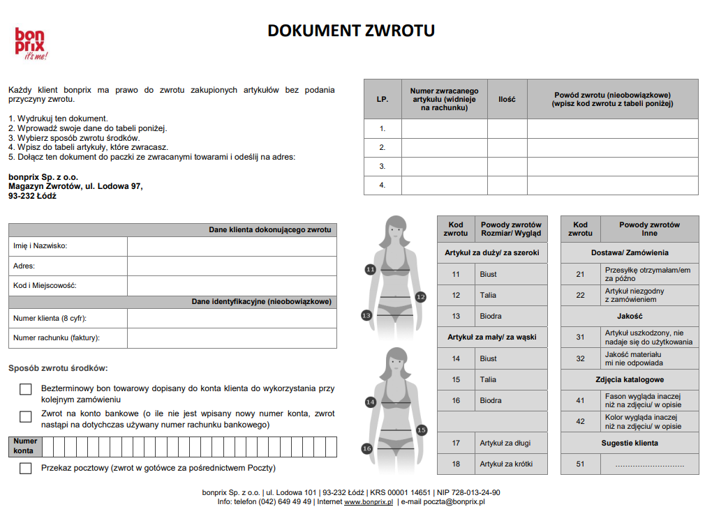 bonprix formularz odesłania zwrotu towaru zamówienia